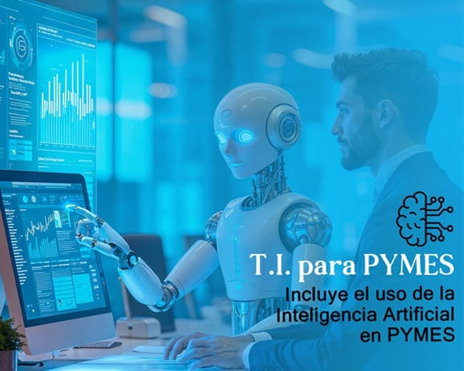 Robot and man analyzing data on screens.