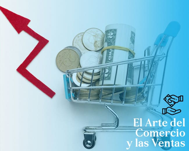 Shopping cart with money and upward arrow.