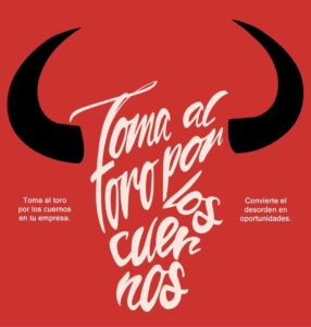 Stylized bull head with motivational text.