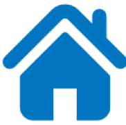 Blue house icon on black background.