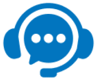 Blue chat bubble with headphones icon.